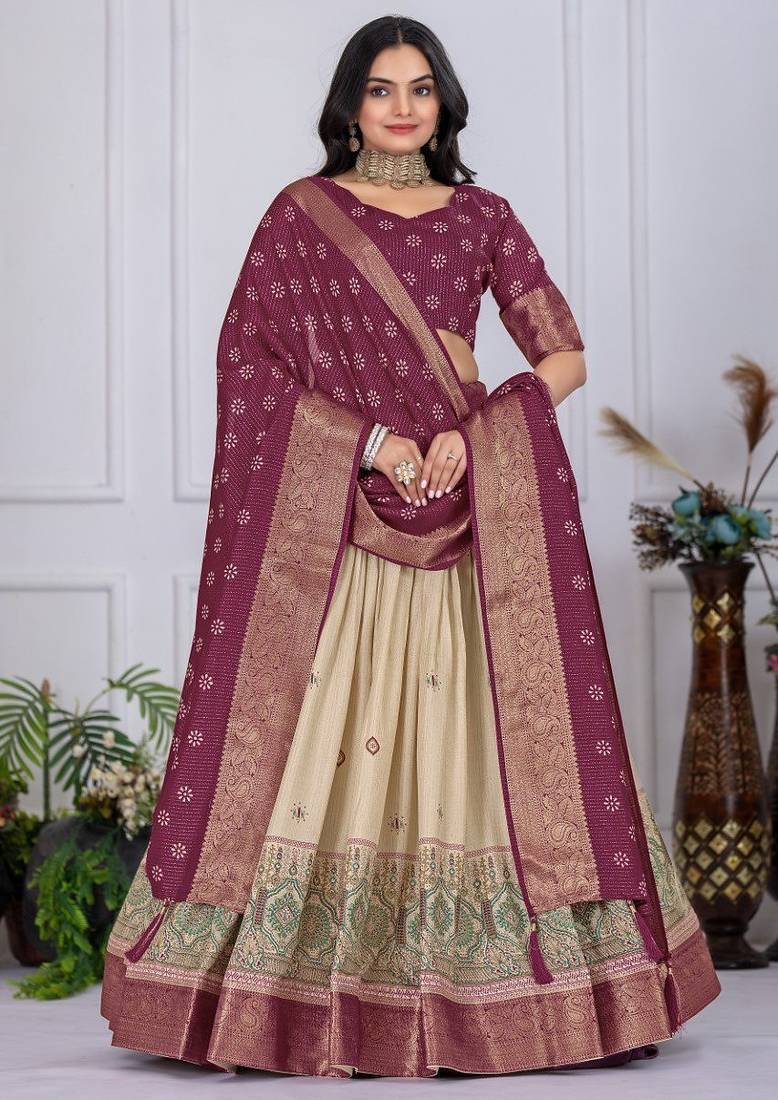 Wine Color acquard With Jari Lining With Print Work Silk Lhenga Choli Set