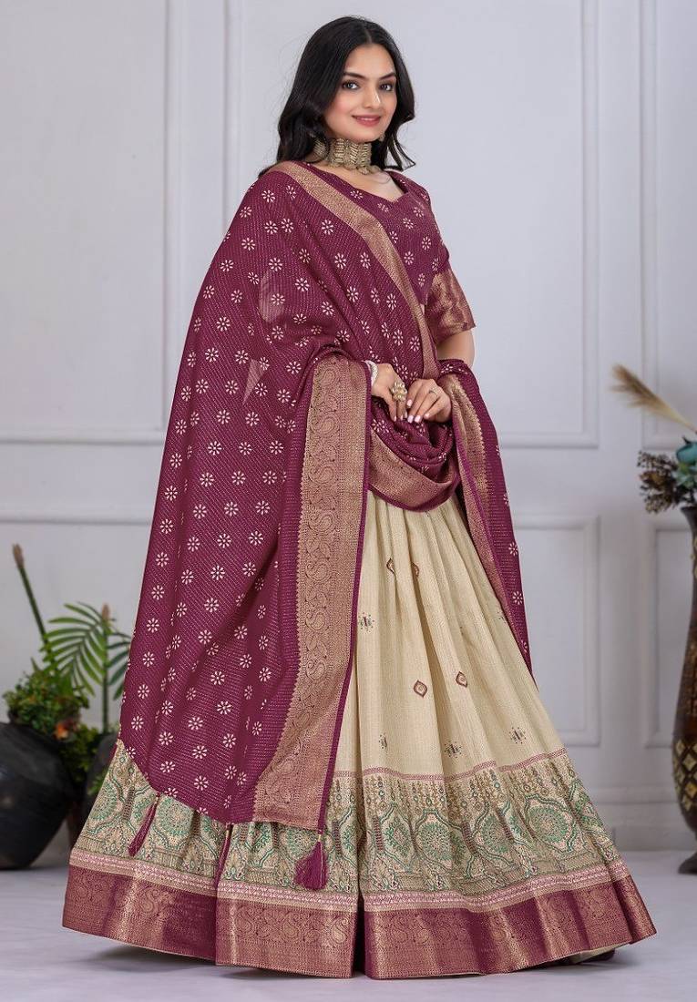 Wine Color acquard With Jari Lining With Print Work Silk Lhenga Choli Set