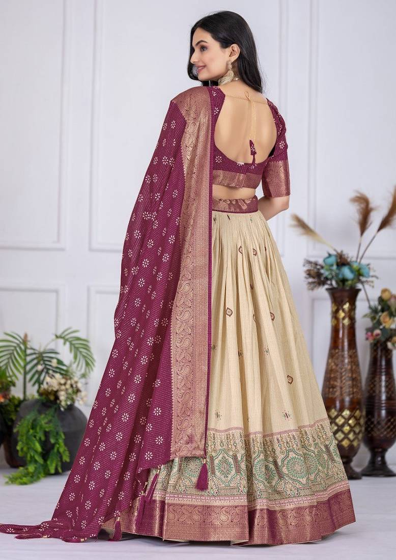 Wine Color acquard With Jari Lining With Print Work Silk Lhenga Choli Set