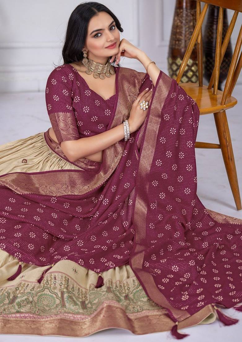 Wine Color acquard With Jari Lining With Print Work Silk Lhenga Choli Set