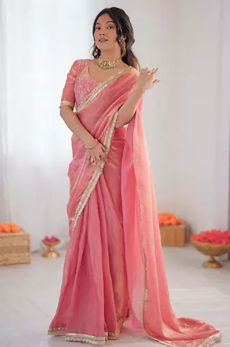 Women peach golden shaded fendy silk ready to wear saree