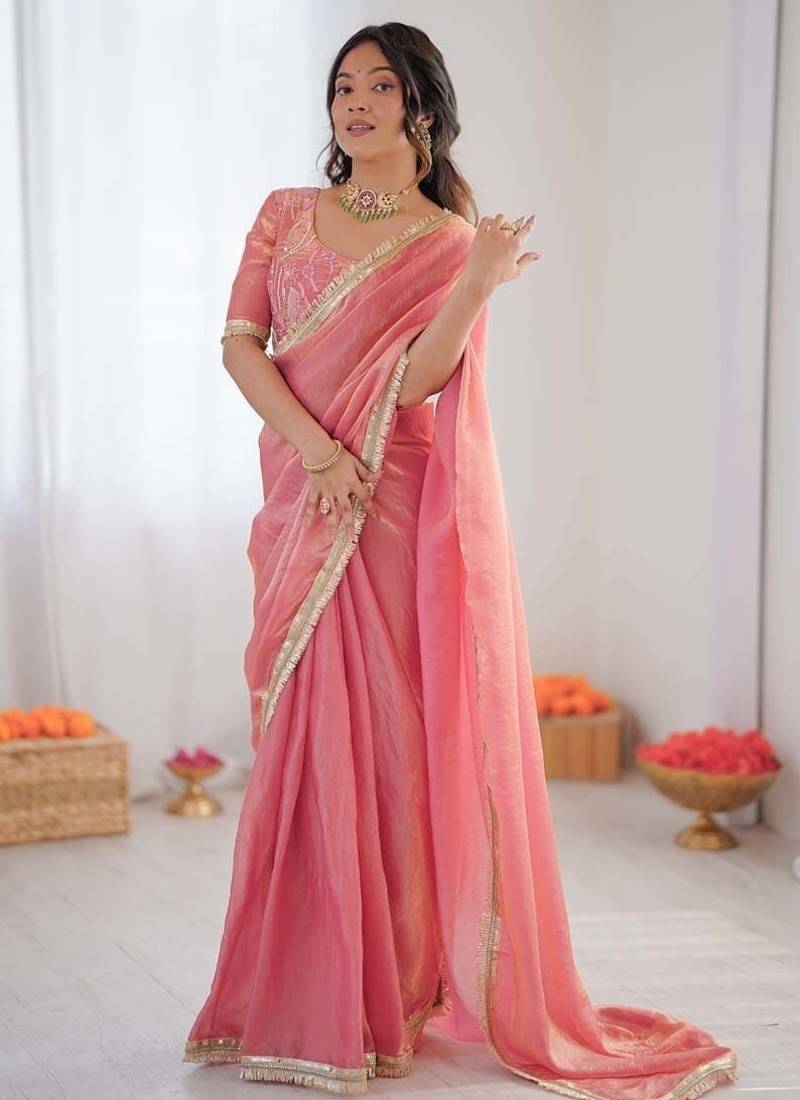 Women peach golden shaded fendy silk ready to wear saree