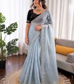 Women sky blue sequence beds work organza silk party wear saree