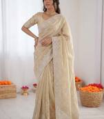 Women cream thread work organza silk party wear saree