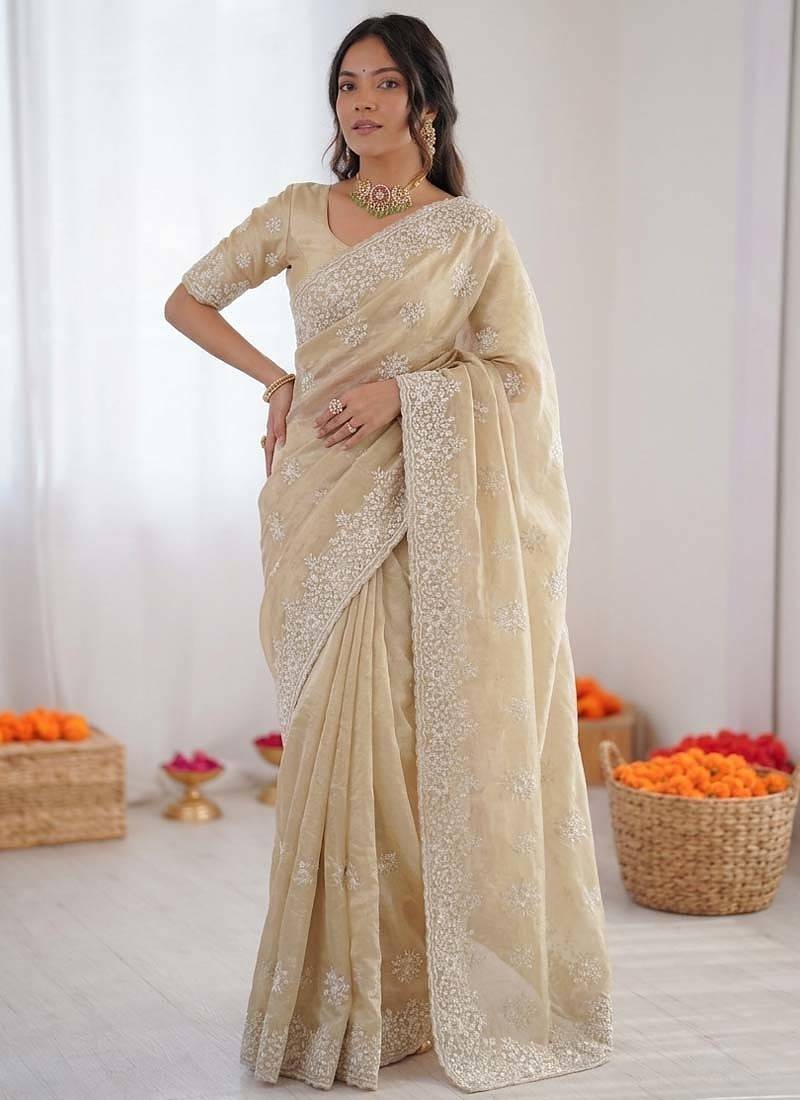 Women cream thread work organza silk party wear saree