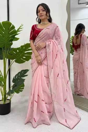 Women baby pink thread sequence crunchy silk party wear saree
