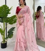 Women baby pink thread sequence crunchy silk party wear saree