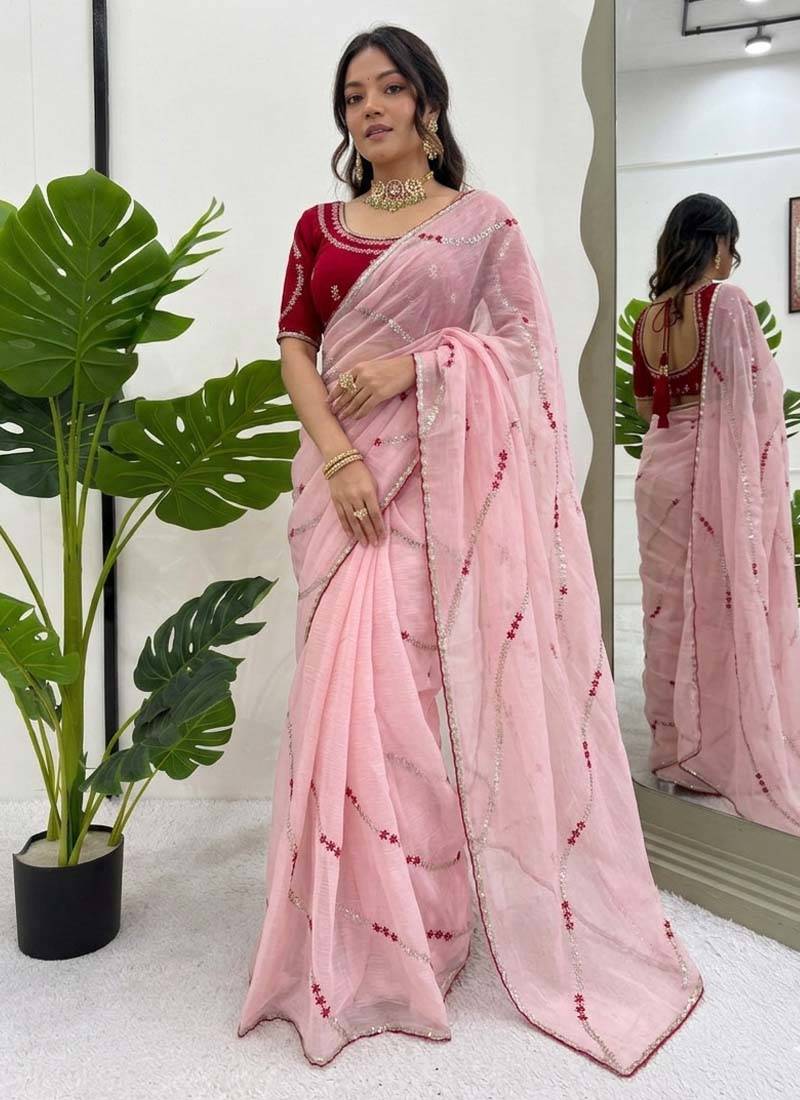 Women baby pink thread sequence crunchy silk party wear saree