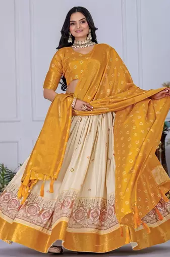 Yellow Color acquard With Jari Lining With Print Work Silk Lhenga Choli Set