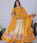 Yellow Color acquard With Jari Lining With Print Work Silk Lhenga Choli Set