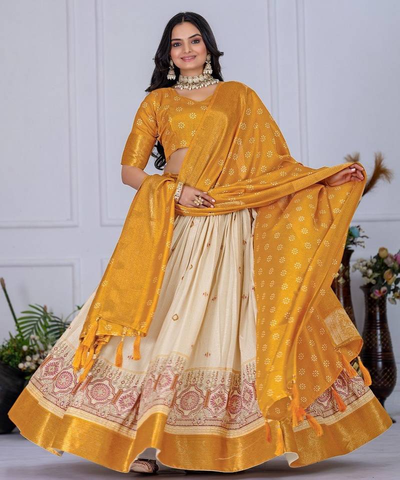 Yellow Color acquard With Jari Lining With Print Work Silk Lhenga Choli Set