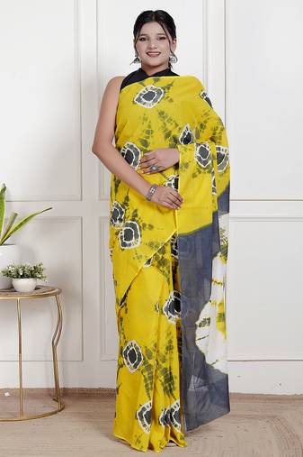 Women yellow pure cotton printed bandhej ehtnic saree aay-53