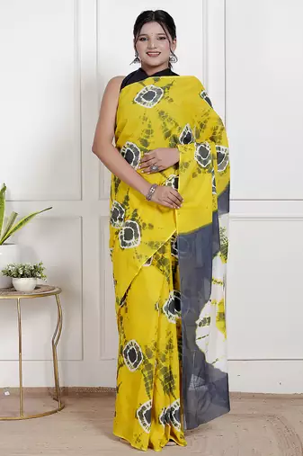 Women yellow pure cotton printed bandhej ehtnic saree aay-53