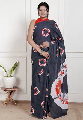 Women black pure cotton printed bandhej ehtnic saree aay-54 1