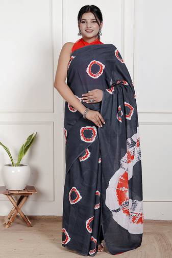 Women black pure cotton printed bandhej ehtnic saree aay-54