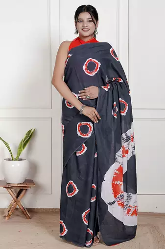 Women black pure cotton printed bandhej ehtnic saree aay-54