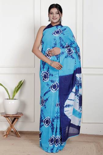 Women blue pure cotton printed bandhej ehtnic saree aay-55