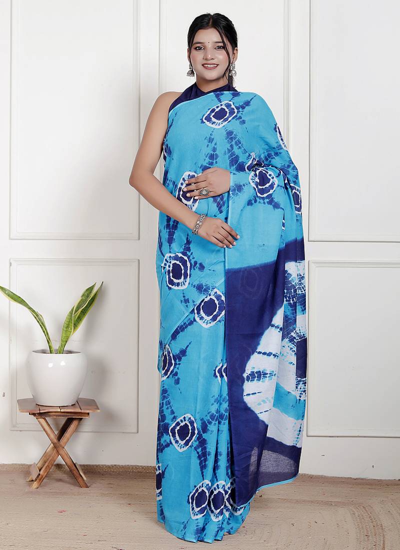 Women blue pure cotton printed bandhej ehtnic saree aay-55