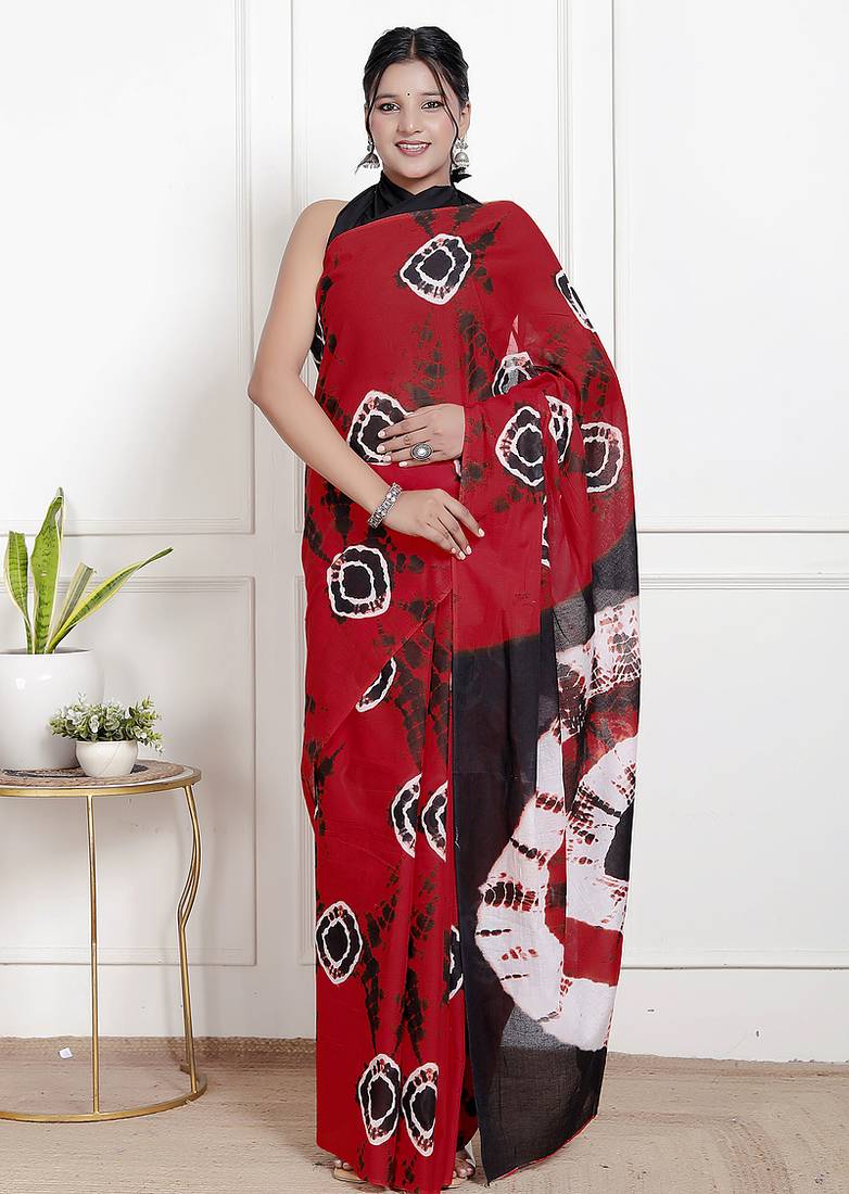 Women red pure cotton printed bandhej ehtnic saree aay-56