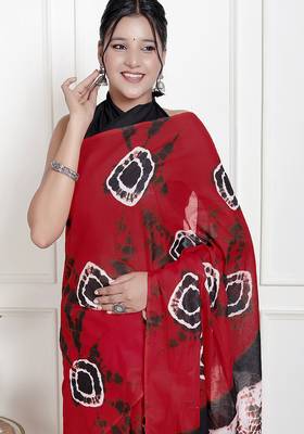 Women red pure cotton printed bandhej ehtnic saree aay-56 3