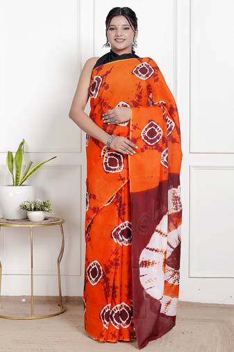 Women orange pure cotton printed bandhej ehtnic saree aay-57