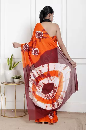 Women orange pure cotton printed bandhej ehtnic saree aay-57