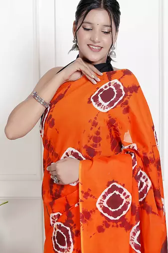 Women orange pure cotton printed bandhej ehtnic saree aay-57