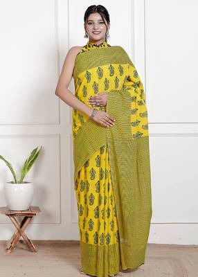 Women yellow pure cotton printed bandhej ehtnic saree aay-60 1