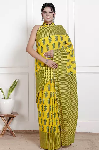 Women yellow pure cotton printed bandhej ehtnic saree aay-60
