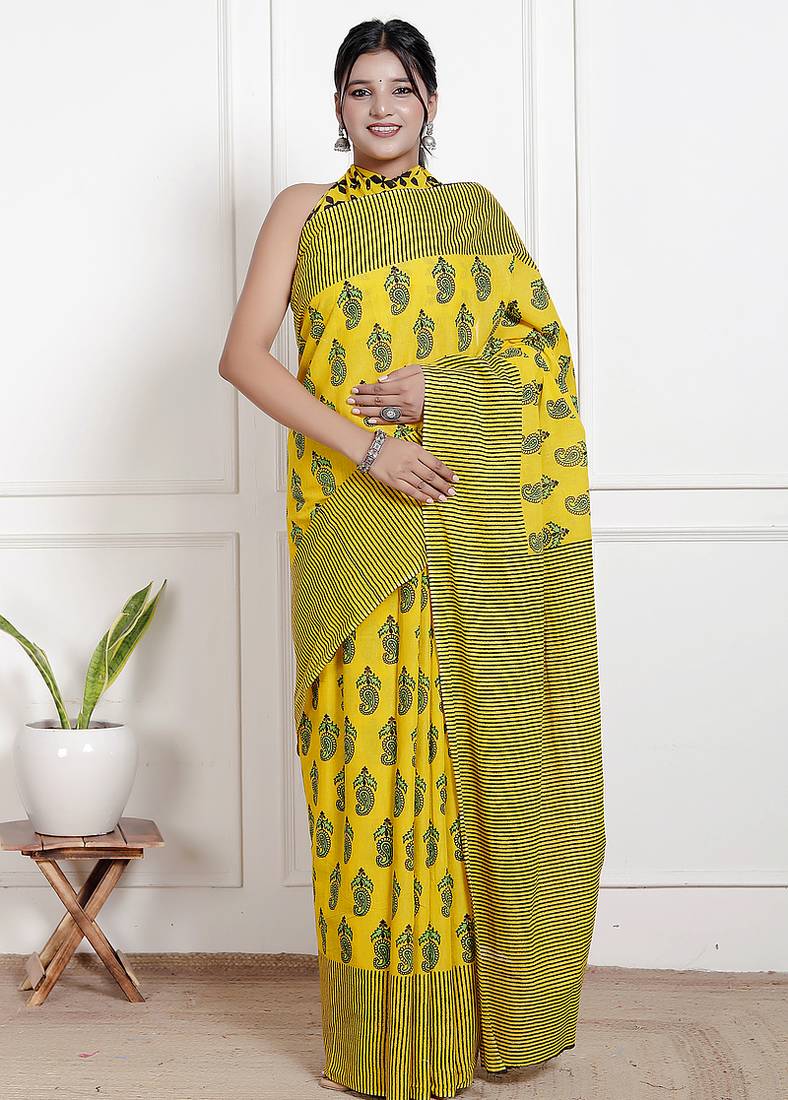 Women yellow pure cotton printed bandhej ehtnic saree aay-60