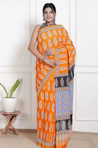 Women orange pure cotton printed bandhej ehtnic saree aay-61