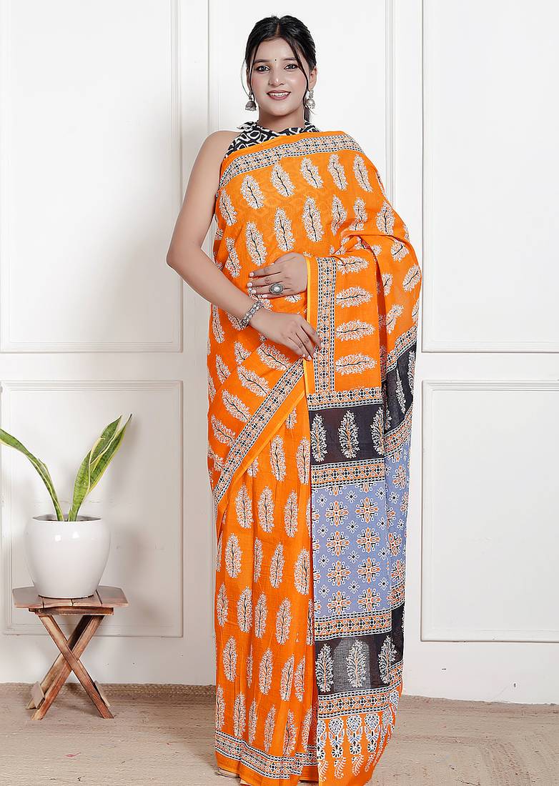 Women orange pure cotton printed bandhej ehtnic saree aay-61
