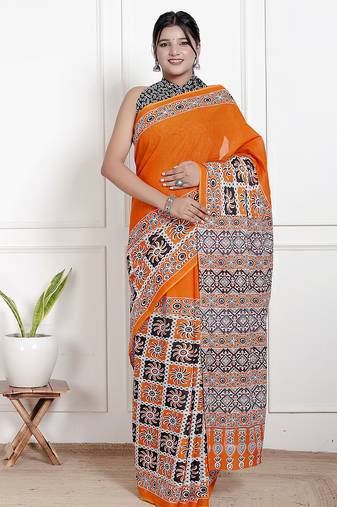 Women orange pure cotton printed bandhej ehtnic saree aay-62