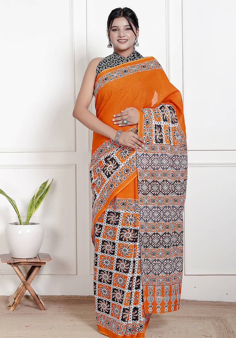 Women orange pure cotton printed bandhej ehtnic saree aay-62
