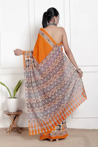 Women orange pure cotton printed bandhej ehtnic saree aay-62
