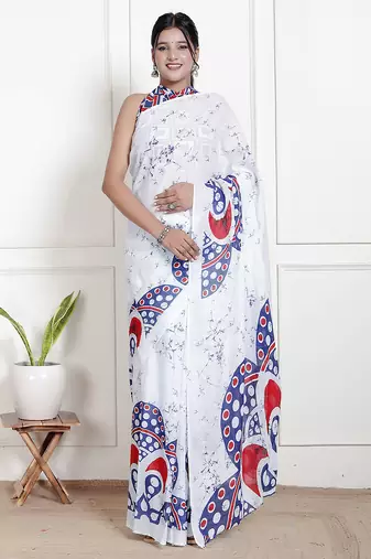 Women white pure cotton printed bandhej ehtnic saree aay-63