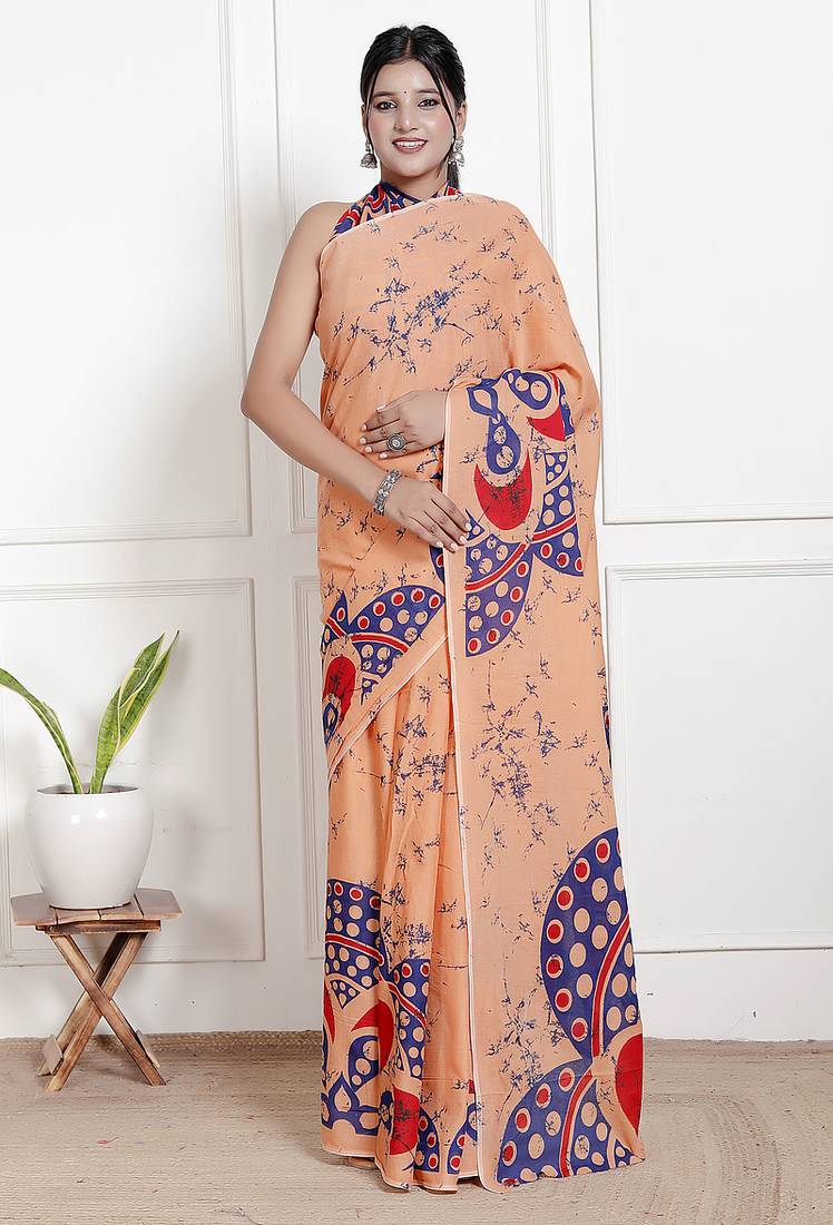 Women peach pure cotton printed bandhej ehtnic saree aay-64