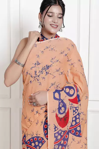 Women peach pure cotton printed bandhej ehtnic saree aay-64