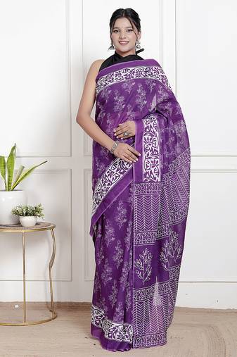 Women purple pure cotton printed bandhej ehtnic saree aay-66