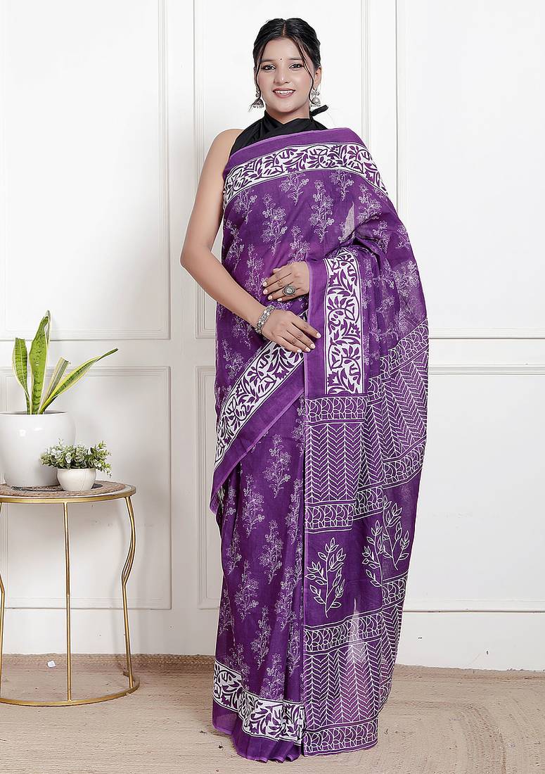 Women purple pure cotton printed bandhej ehtnic saree aay-66