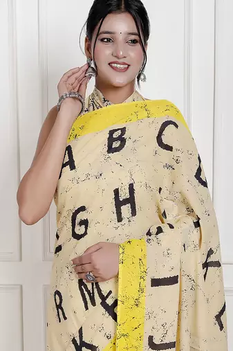Women yellow pure cotton printed bandhej ehtnic saree aay-67