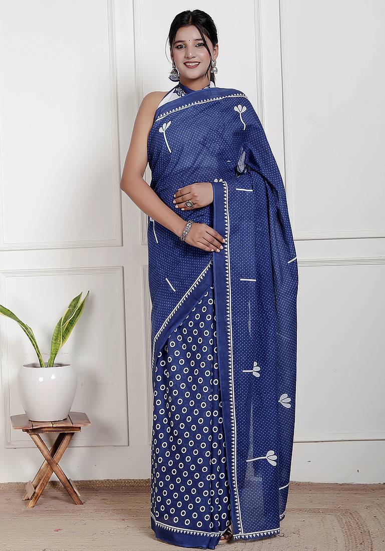 Women blue pure cotton printed bandhej ehtnic saree aay-68