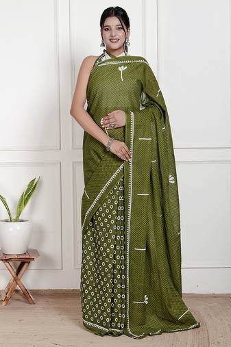 Women green pure cotton printed bandhej ehtnic saree aay-69