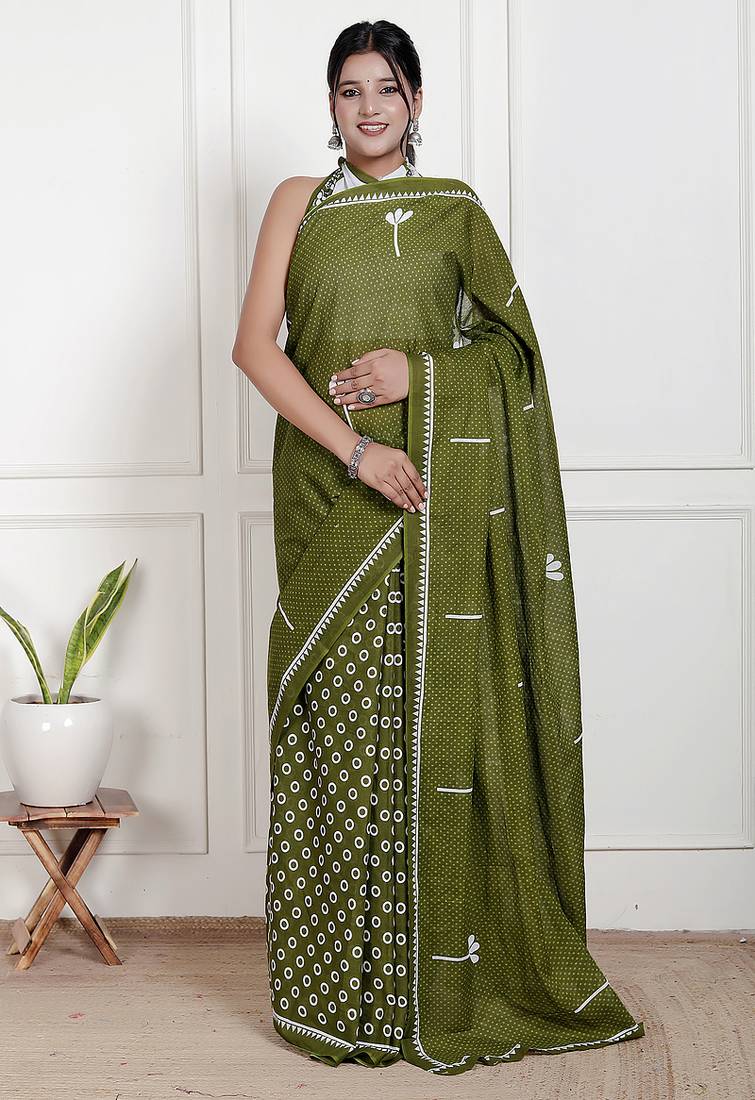 Women green pure cotton printed bandhej ehtnic saree aay-69