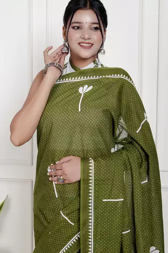 Women green pure cotton printed bandhej ehtnic saree aay-69
