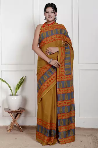 Women mustard pure cotton printed bandhej ehtnic saree aay-70