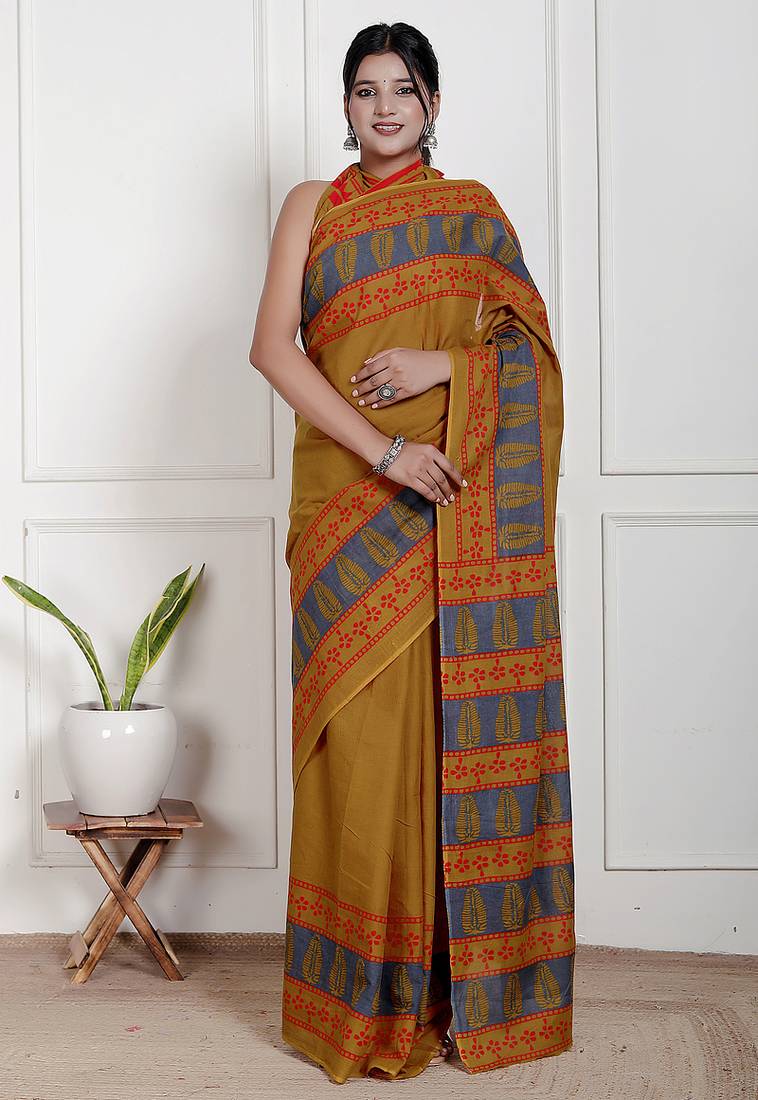 Women mustard pure cotton printed bandhej ehtnic saree aay-70