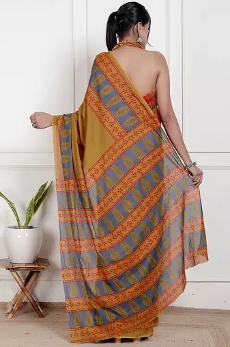 Women mustard pure cotton printed bandhej ehtnic saree aay-70
