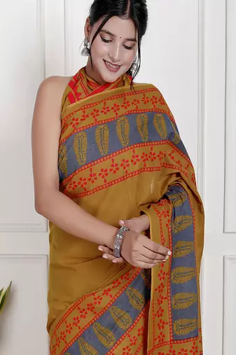 Women mustard pure cotton printed bandhej ehtnic saree aay-70