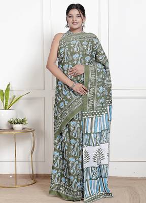 Women olive pure cotton printed bandhej ehtnic saree aay-72 1